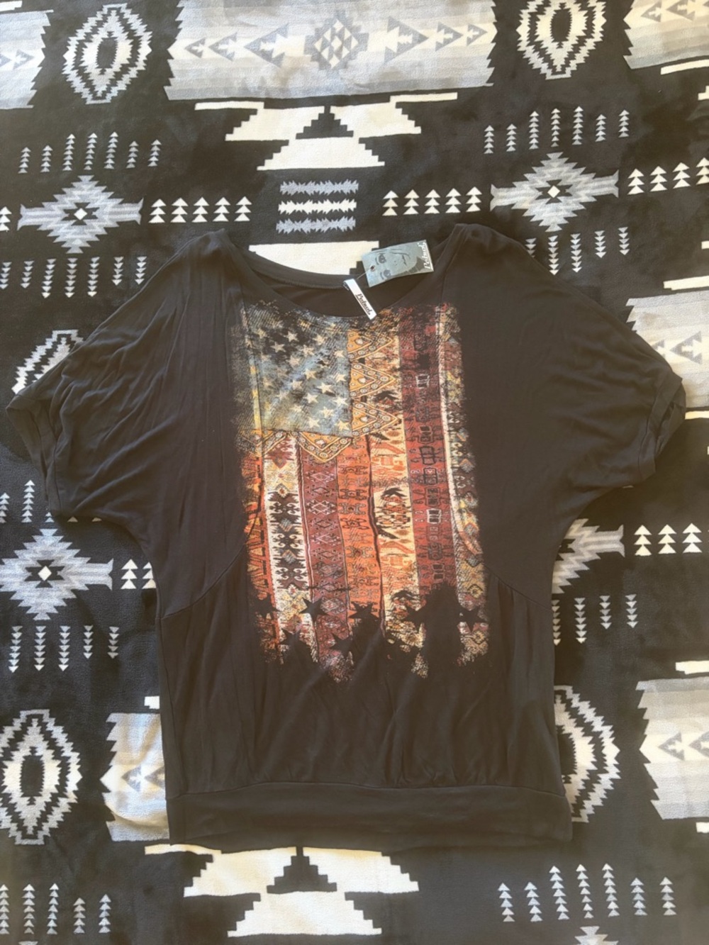 Black Short Sleeve Tee with Rustic American Flag Graphic
